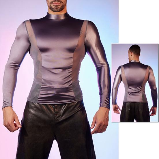 Men Sexy Mesh T-Shirt Oil Glossy Shiny Top Patchwork Tight-Fit Top Breathable Long Sleeve
