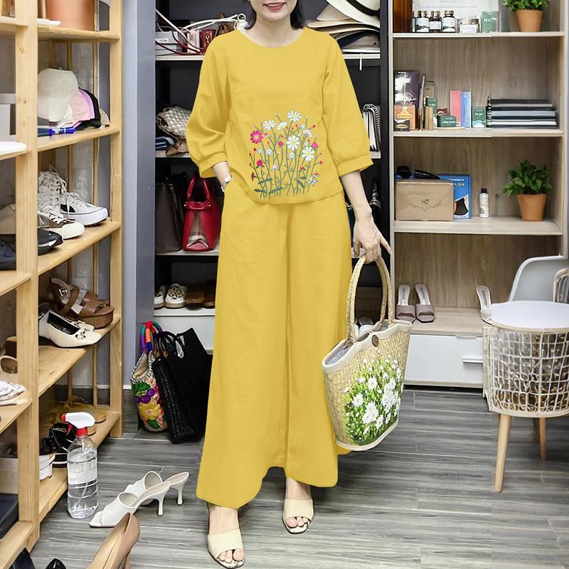 ZANZEA Women 3/4 Sleeve Floral Blouse and Pants Summer Two Piece Suit Sets