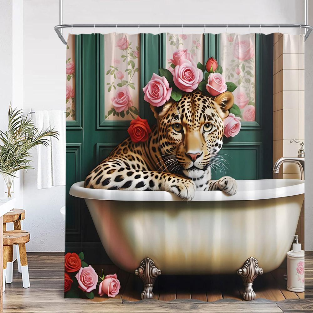 Leopard Floral Shower Curtain Bathing Wild Animal Print Green Leaf Flower Elegant Panther Bathroom Decor Modern Bath Curtain
