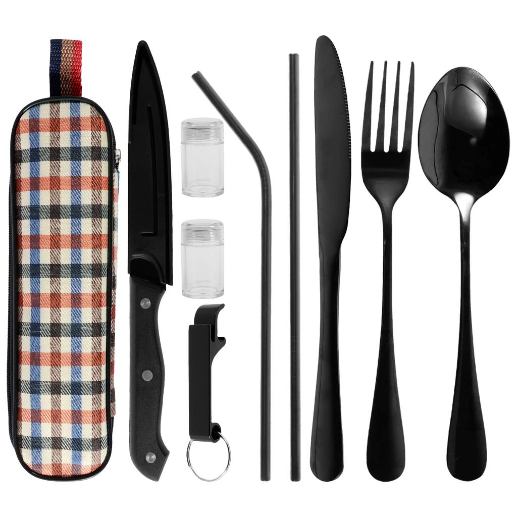 10Pc Travel Cutlery Set with Storage Bag Stainless Steel Travel Utensils Set Portable Camping Silverware Set Travel Flatware Set