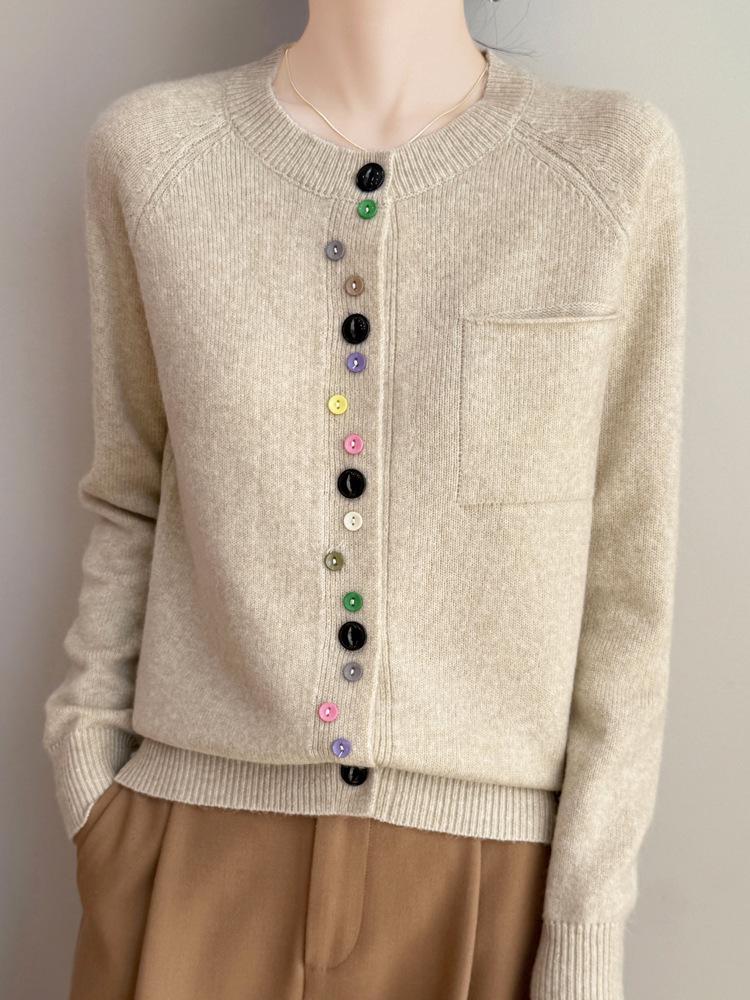 Colorful Button Cardigan: Spring Fashion, Versatile Round Neck, Long Sleeve Knit for Women