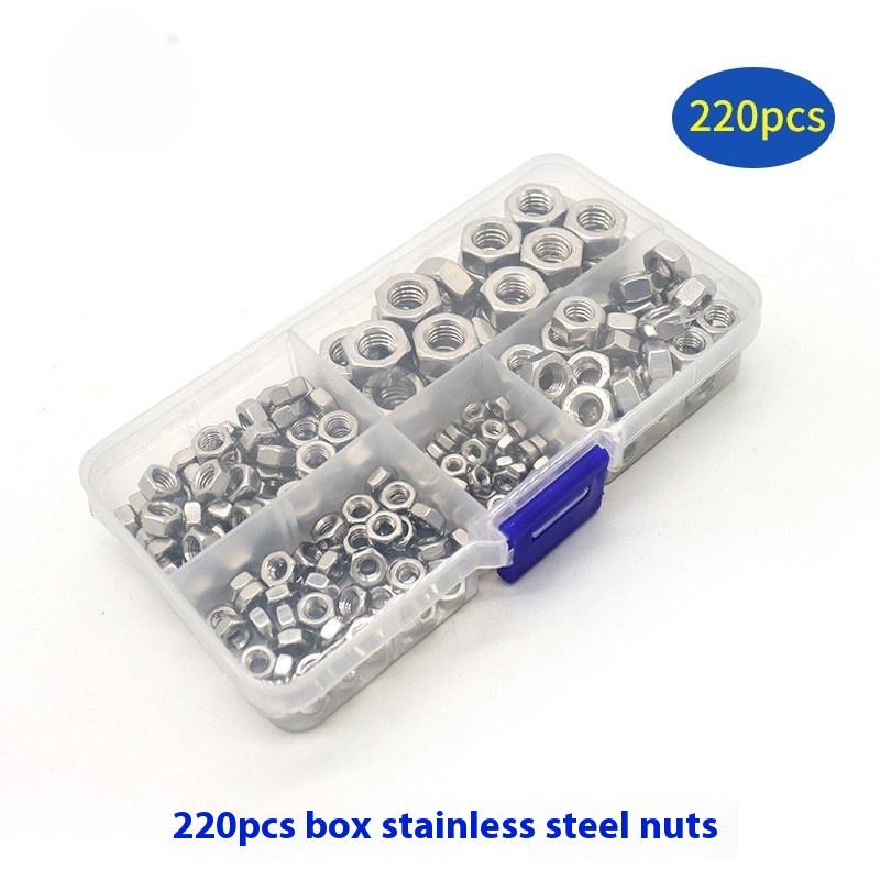 

220Pcs Hex Nylon Insert Self Lock Nut Nylock Locknut Assortment Kit Set M3 M4 M5 M6 M8 304 A2-70 Stainless Steel One Size