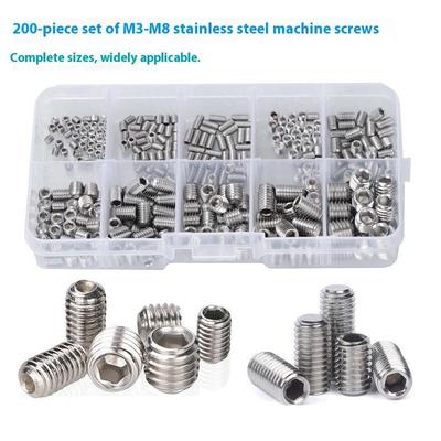 200Pcs Hex Socket Headless Machine Rice Combination Kit Flat End 304 Stainless Steel Screws M3/M4/M5/M6/M8 for Hardware Tools