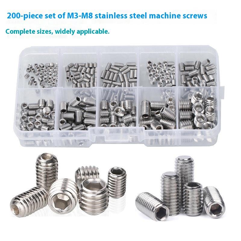 200Pcs Hex Socket Headless Machine Rice Combination Kit Flat End 304 Stainless Steel Screws M3/M4/M5/M6/M8 for Hardware Tools