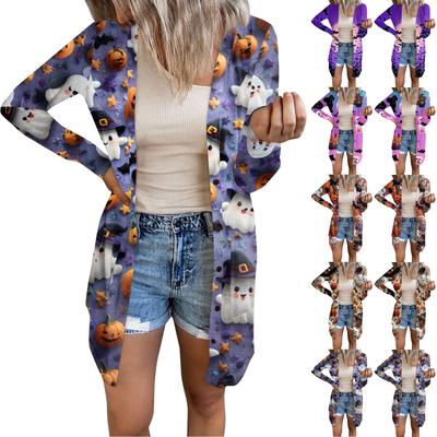 Women's Casual Cardigan Halloween Printed Long Sleeve Top With Pockets