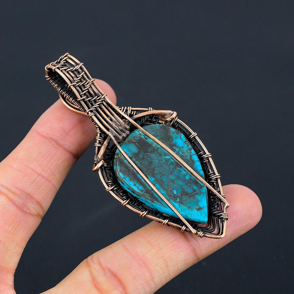 Blue Turquoise, Moonstone Gemstone Pure Copper Wire Wrapped Designer Handmade Pendant Jewelry Gift For Her