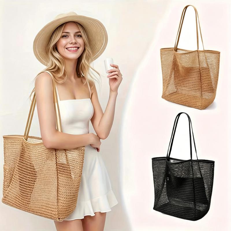 Women's Large Capacity Beach Tote Bag - Durable Polyester Woven Shoulder Bag with Open Top for Travel, Shopping