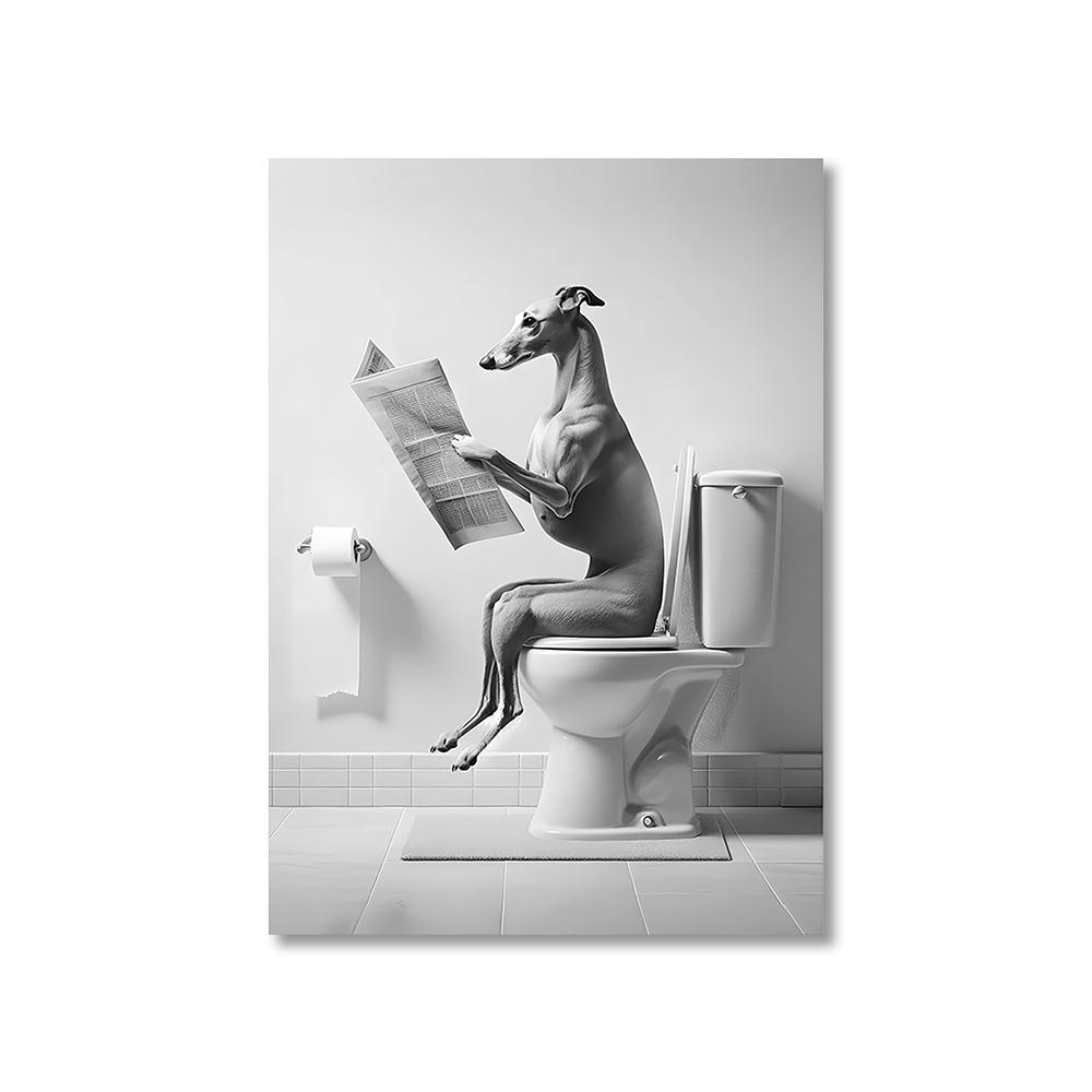 1PC Unframed Funny Pet Dog in Toilet Reading Newspaper Play Canvas Painting Animal Pictures Wall Art for Home Bathroom Decor