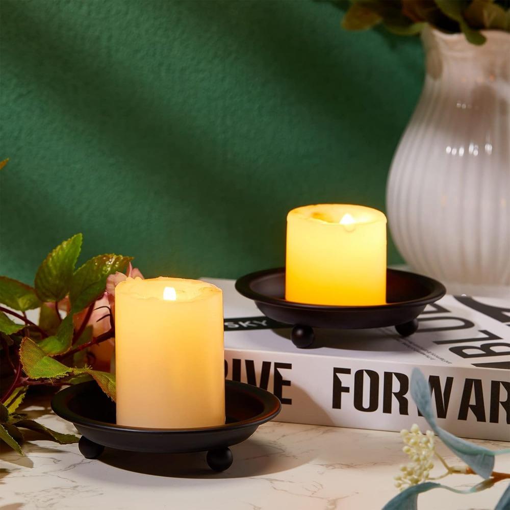 4 Pieces Matte Black Iron Candle Plate Decorative Wedding Saucer Style Candle Holder Tray Metal Pedestal Candle Stand for Spa Table Centerpiece