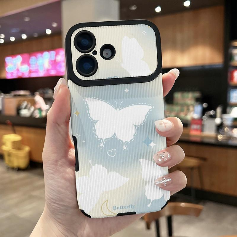 

Белый чехол для телефона из мягкого силикона с принтом бабочек и вертикальной зернистой кожей, задняя крышка с полной защитой объектива камеры для iPhone 17 Honor 300 Pro