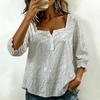 Women Square Neck Blouse Teal Leopard Floral Patchwork Print Ruffle Three Quarter Sleeve Shirt