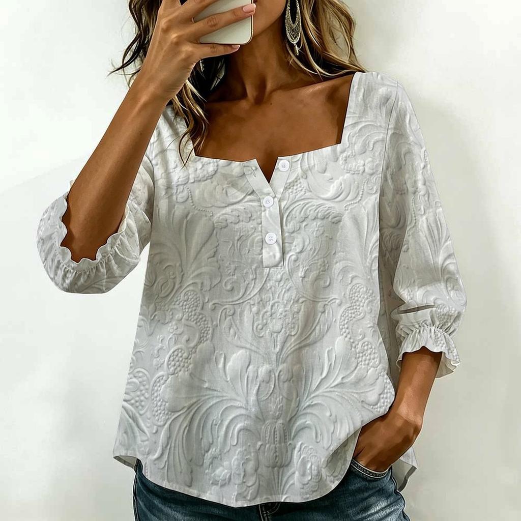 Women Square Neck Blouse Teal Leopard Floral Patchwork Print Ruffle Three Quarter Sleeve Shirt