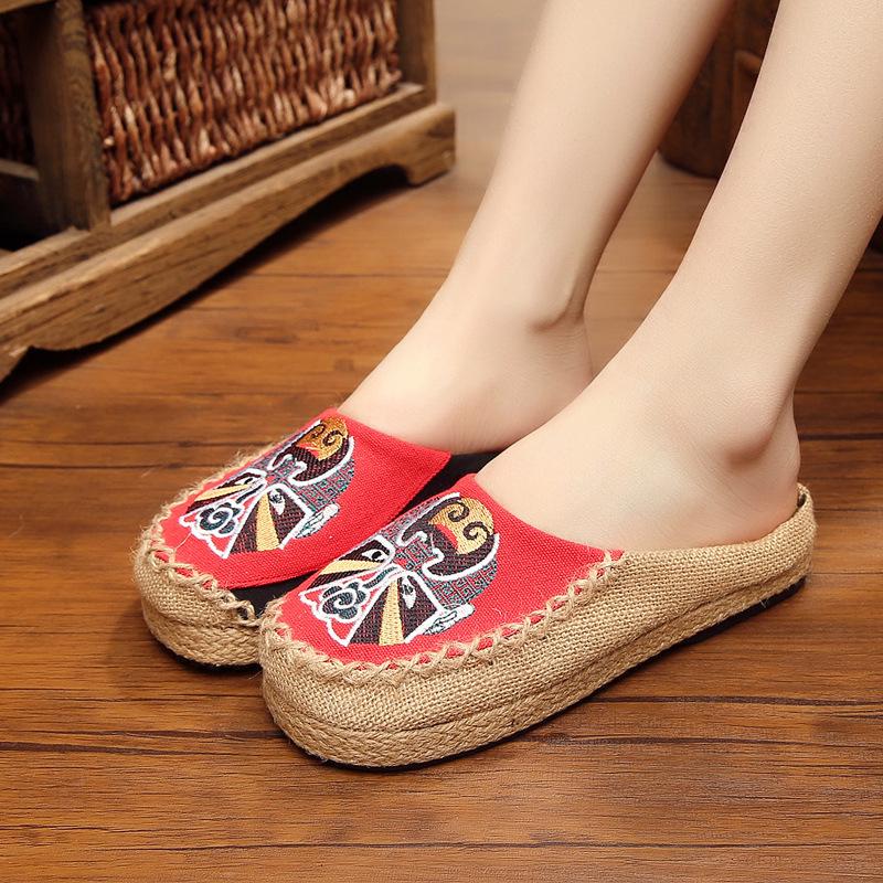 

Peking Opera Face Embroidery Espadrilles - Handmade Linen Mori Girl Shoes 40 червоний