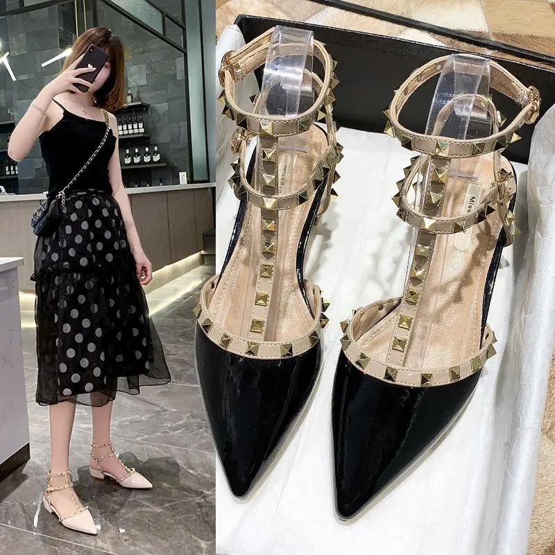 Fashion 2024 Studded Low Heel Ladies Square Heel Pointed Toe Shoes Women's New Sexy Ladies Shoes Sandals Zapatos Transparentes De Mujer