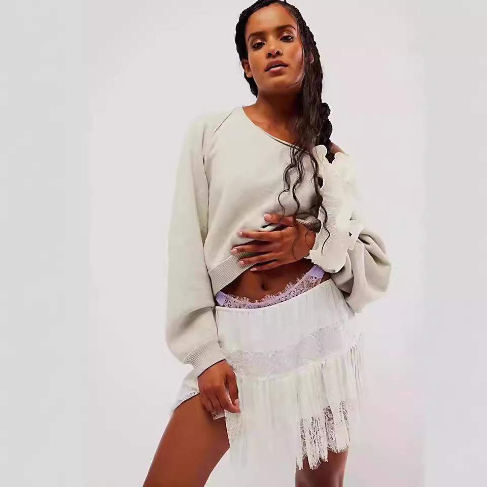 Women's High Waist Lace Mini Skirt Casual Irregular Hem Ballet Style Short Skirt