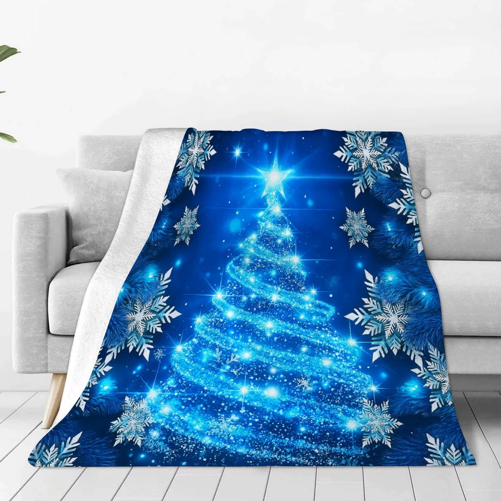 1pc Soft Christmas Tree Print Plush Blanket Blue Xmas Theme Snowflake All Season Use Washable Throw Blanket for Girls Daughter