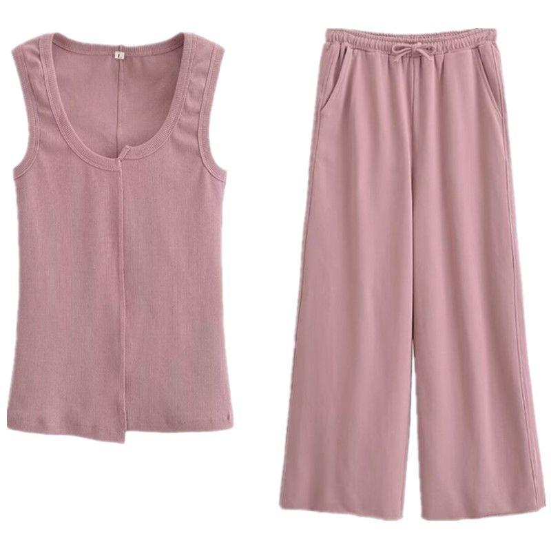 

Western Style 2024 Autumn New Women clothes Commuter Versatile Sleeveless Rib T-shirt Wide Leg Pants Trousers 3253811 Suit L