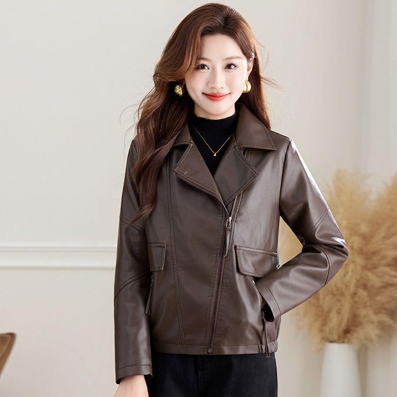 Women Pu Leather Jacket Notched Collar Slim Fit Casual Outerwear