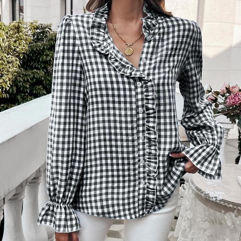 Women's Winter Tops Women's French Plaid Ruffle Button Blouse