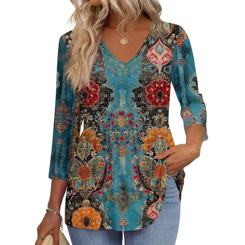 Women's T Shirt Print 3/4 Sleeve Fashion Basic V- Neck Regular Top