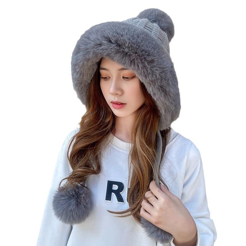 2025 winter wool hat women's cute hairball pullover knitted hat velvet thermal ear protection cycling Lei Feng hat