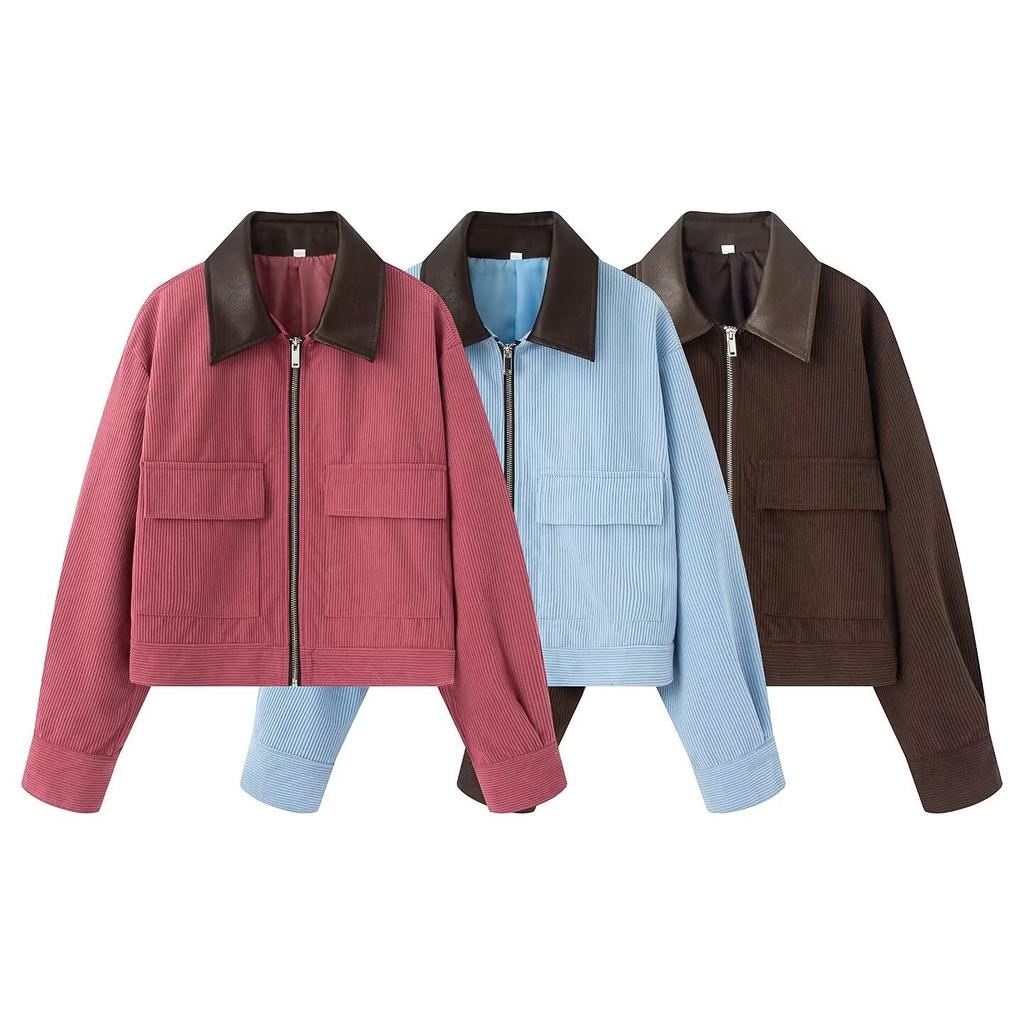2026 spring new product European and American cross-border women's corduroy splicing leather neckline jacket w034 26023