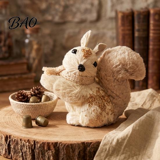 Forest Atmosphere Party Supplies Handmade Straw Deer/Squirrel Christmas Ornaments with Scarf, Retro Pastoral Style Natural Fiber Rustic Animal