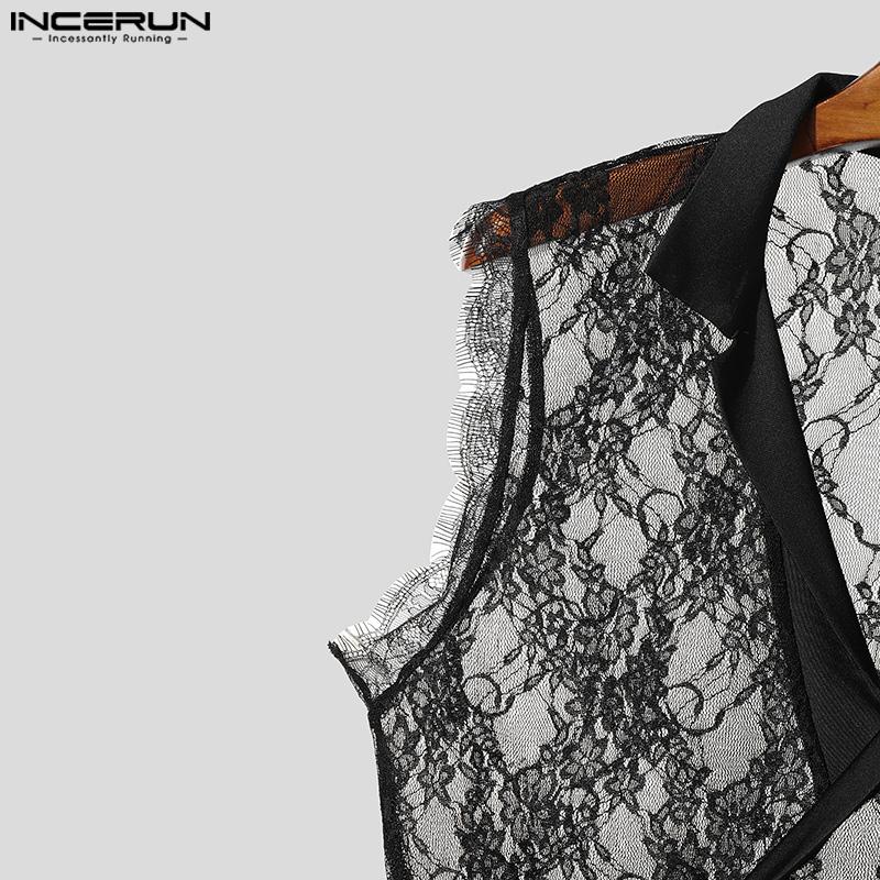 INCERUN Summer Men V Neck Sleeveless Patchwork Mesh Sheer Lace Tank Tops