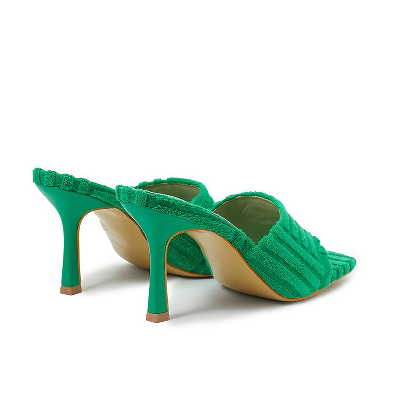 Letní dámské 9cm vysoké podpatky nazouváky muly luxusní značka designové pantofle dámské nazouvací jehlové podpatky oranžové zelené párty boty