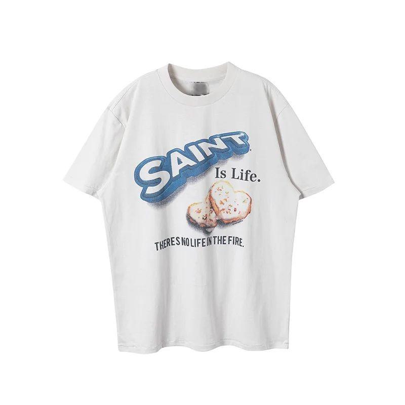 Weiße Serie Heiligenporträt Briefmuster Bedrucktes Kurzarm American Casual Lockeres Baumwoll-T-Shirt für Herren Damen mit Aufdruck