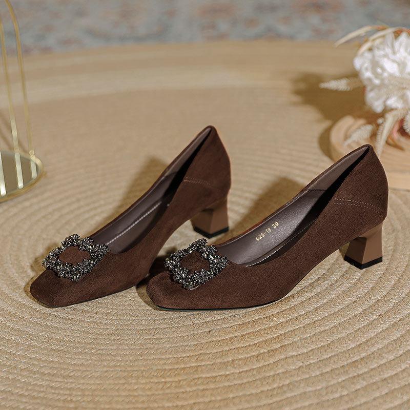 Coarse heel single shoes women's 2025 new spring and autumn black temperament middle heel shoes rhinestone square buckle French square head high heels