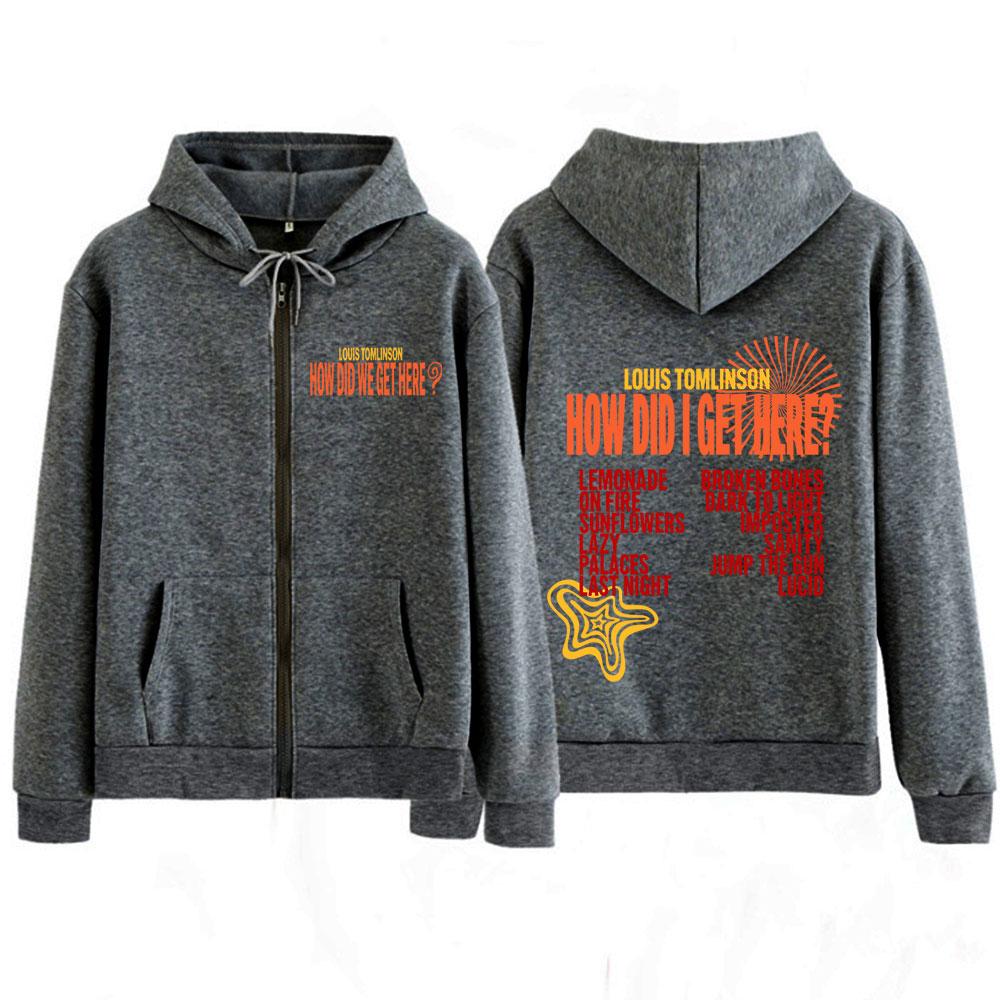 Felpa con cappuccio e zip Louis Tomlon How Did I Get Here Tour Stampa Giacca Moda Uomo Larga Casual Hip-hop Giubbotti Zip-up