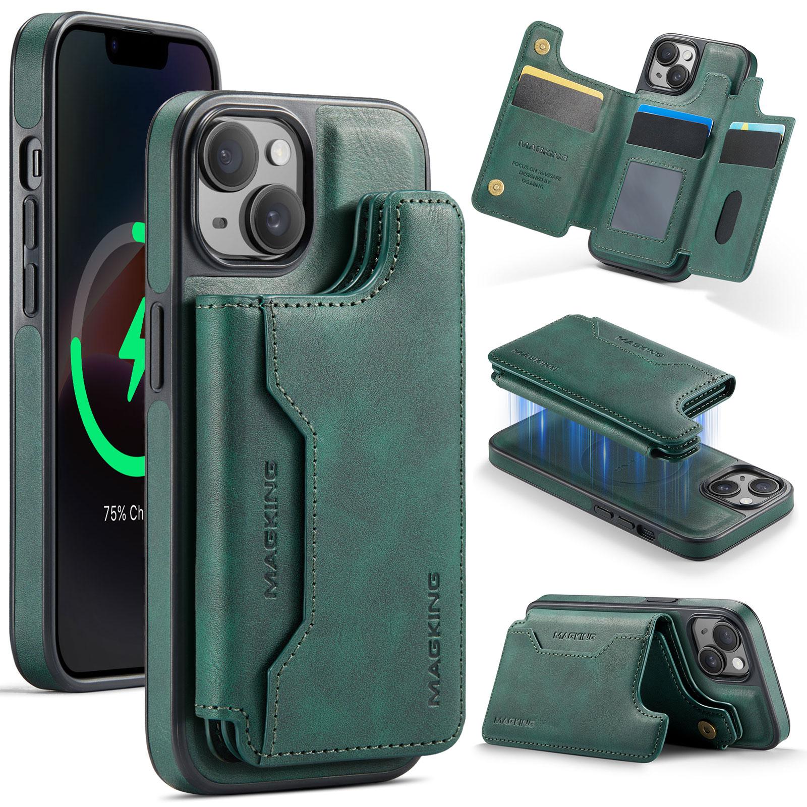 

MAGKING K3 Series For iPhone 14 Case Compatible with MagSafe Wallet PC+TPU+PU Phone Cover Green