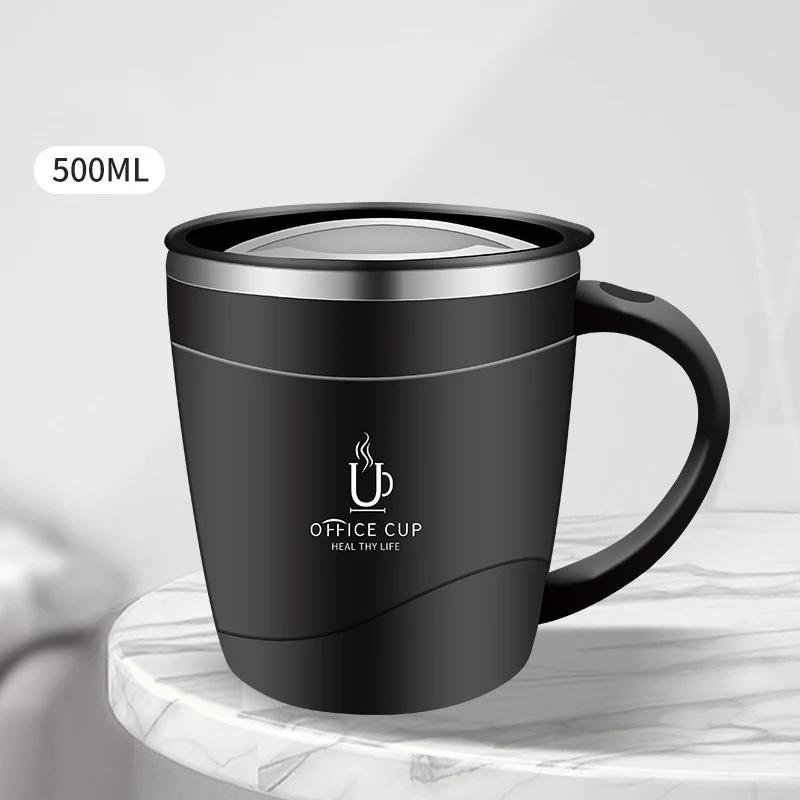 500ml Coffee Mug 304 Stainless Steel Double Layers Coffee Cup with Handle Leak-Proof Slide Cover Portable Thermal Water Bottle