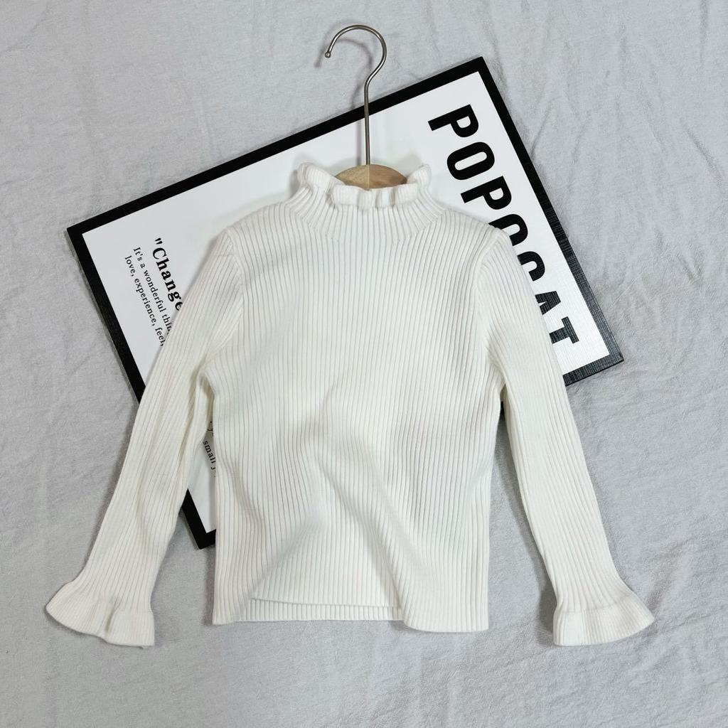 Baby Autumn Winter Thickened Fleece Knit Sweater Half Turtleneck Ruffle Collar Warm Base Layer Top