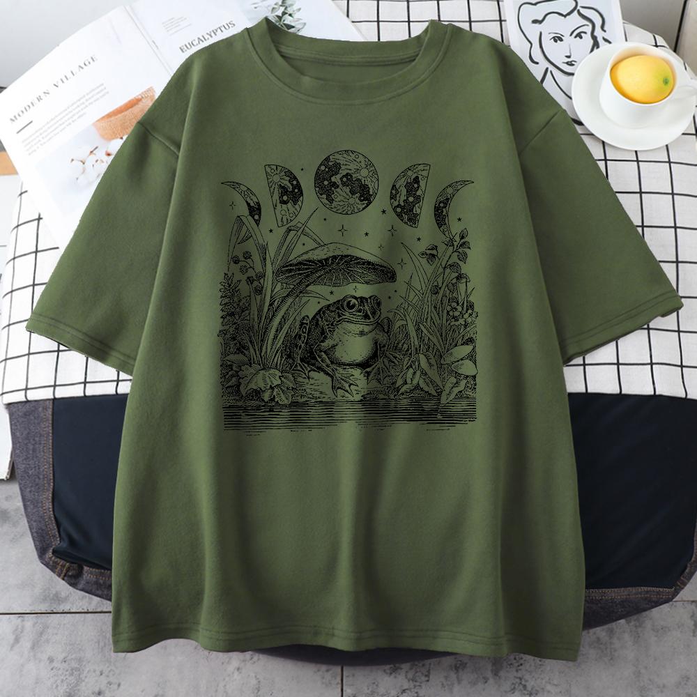 Cute Cottagecore Aesthetic Frog Mushroom Moon Witchy Men Tee Clothing Vintage Casual Oversize Cotton T-Shirts Creative Mans Tops