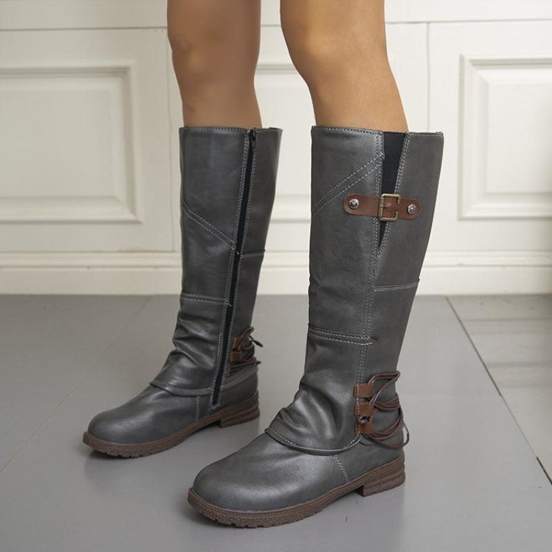 Fashion Autumn and Winter New Knee High Boots for Women Leather Square Low Heel High Boots Roman Style Belt Buckle Long Botas