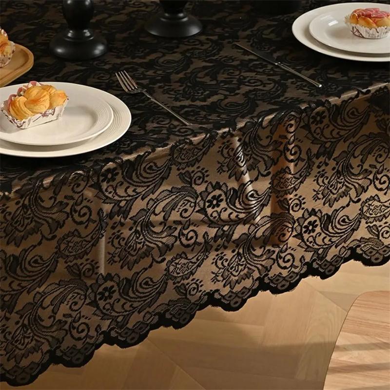 1pc Black Lace Tablecloth with Phoenix Tail Flower Embroidery for A Wedding, Suitable for Outdoor Parties and Home Decoration