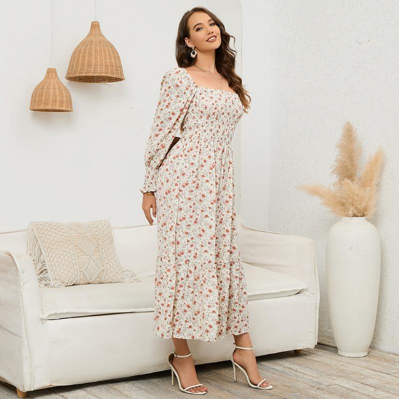 YYFS Women's Fashion Spring Fall Flower Pattern Print Long Sleeve Square Collar Loose Waistline Casual Dresses