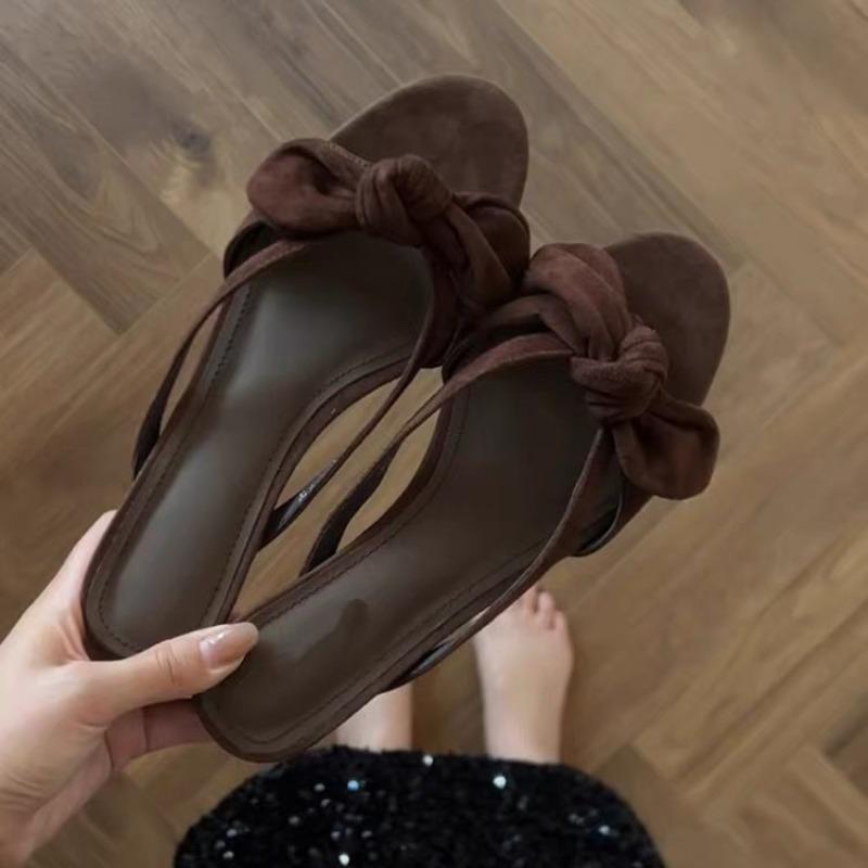 Sheepskin version~ Korean suede bow, small slope heel, open-toed slippers, summer cool slippers for women