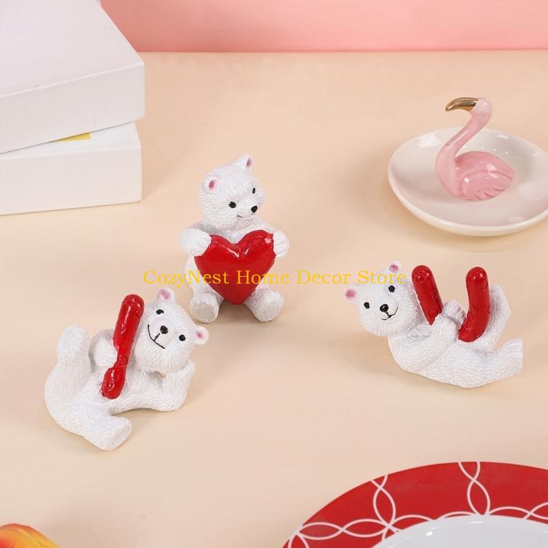 92MF 3Pcs Sweet Love Heart White Bear Ornaments Miniature Figurines Resins Animal Decors for Weddings Party Decorations