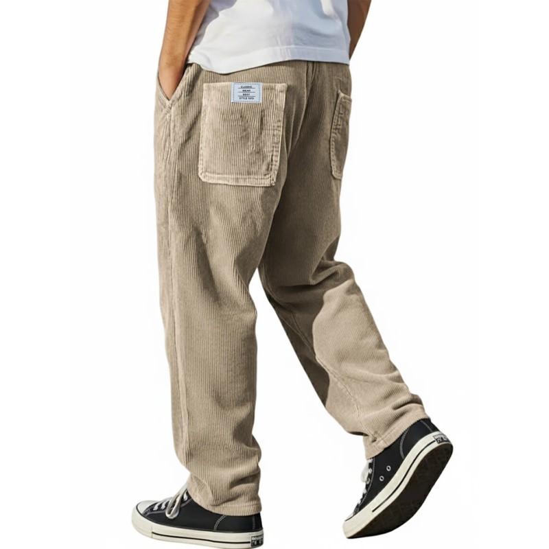 Mens Relaxed Fit Straight Leg Corduroy Pants With Embroidery Detail Casual Trousers 2026