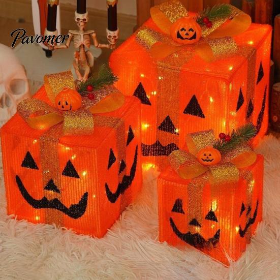 Handmade Pumpkin Face Props 3Pcs Lighted Halloween Gift Boxes, Spooky Glowing Outdoor Doorway Landscaping Presents Box, Warm Light Holiday Ornament