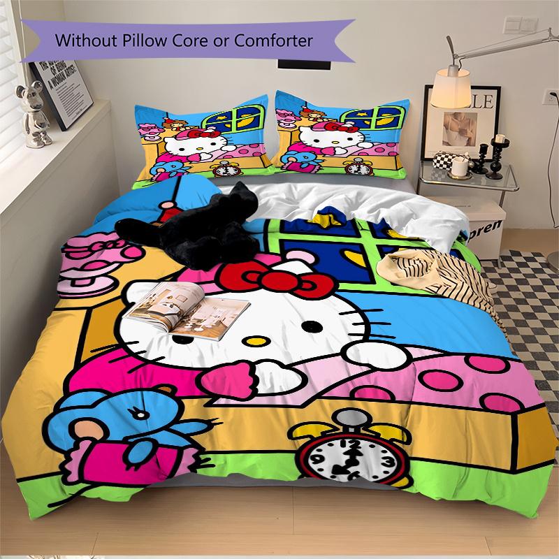3pcs Goodnight Hello Kitty Bedding Set Includes Quilt Cover and Pillowcases, Suitable for All Seasons, Machine Washable Ideal Gift W026
