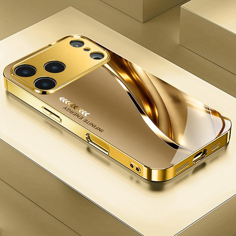 

Luxury Metal Curve Pattern Gold Metallic Paint Glass Phone Case For iPhone 17 Pro Max 11 12 13 14 15 16 Plus 17Air 16E Cover iPhone 14 Plus