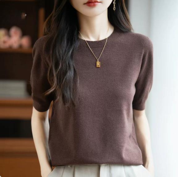 Spring Autumn Women Sweater O-Neck Cashmere Pullover Basic Short Sleeve Clothing Comfort Top Casual Solid