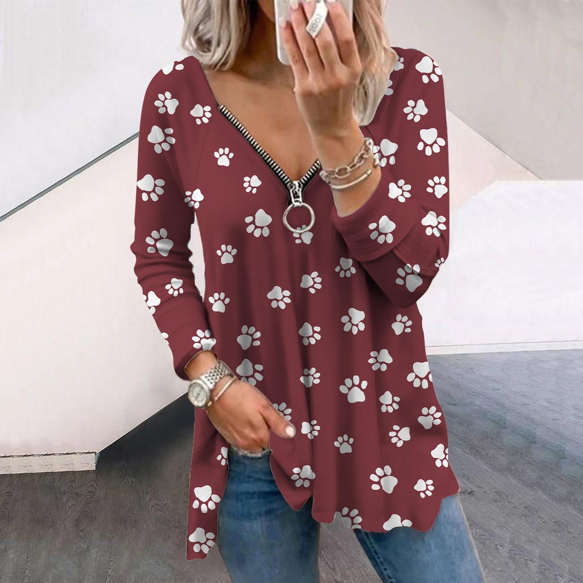 

Женские осенние мини-футболки с длинным рукавом и принтом «собачий коготь», свободные футболки больших размеров с V-образным вырезом, удобные блузки M красный