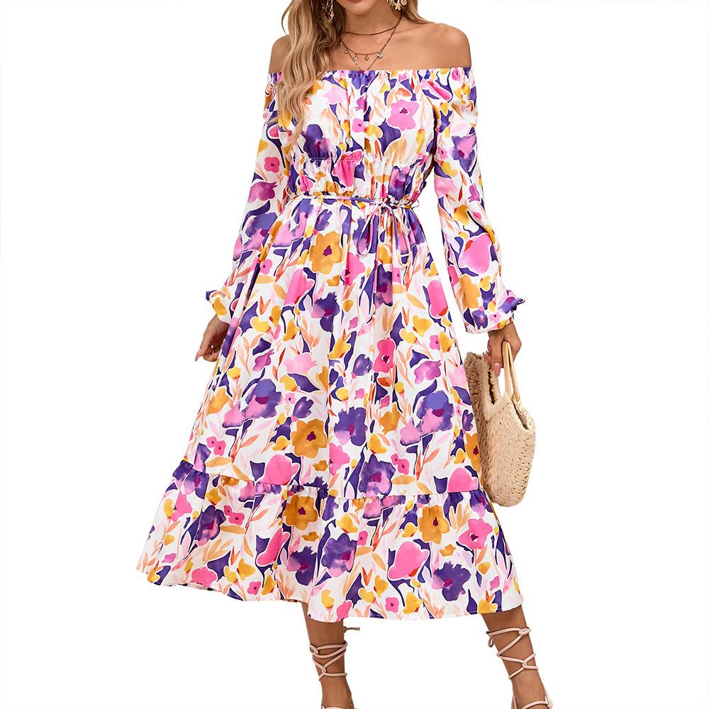 Spring and Autumn Women's Long Sleeve Printed Dress Slim Temperament Mid-Length Dresses