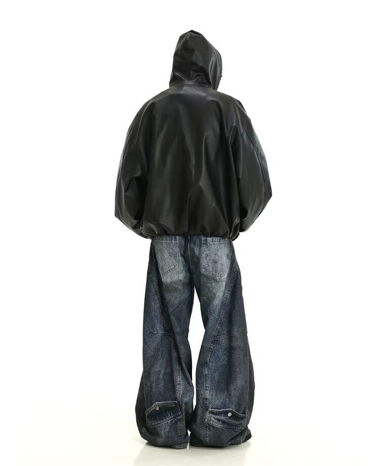 Chaqueta de Motocicleta de Cuero Negra con Capucha para Hombre - Cortavientos, Silueta Atractiva