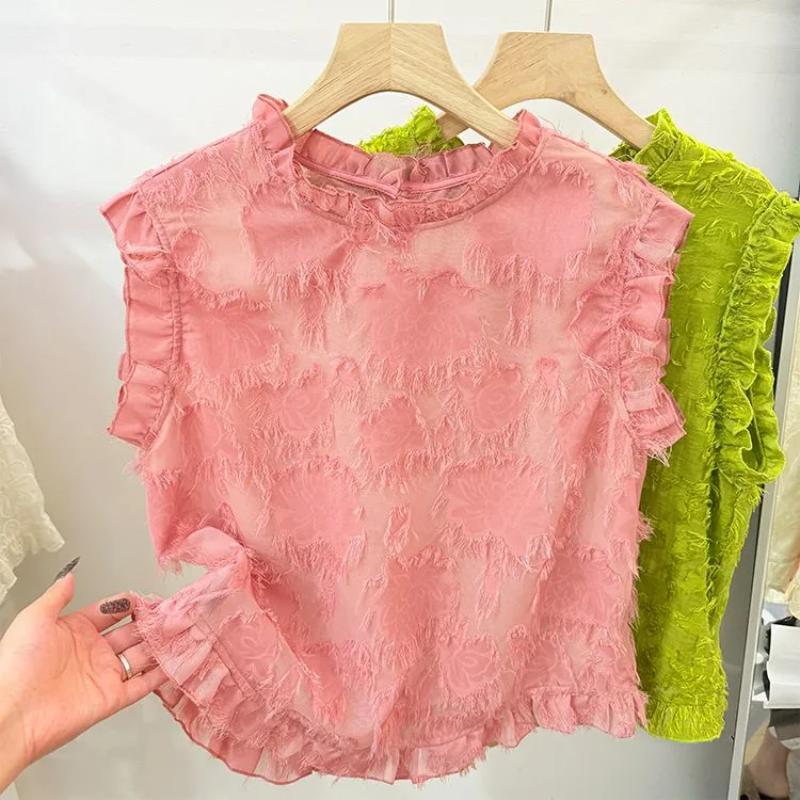 Women Summer Ruffle Floral Sleeveless Blouse S розовый